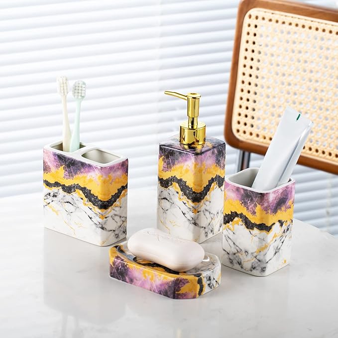 4 Piece Bathroom Accessories Set - Purple Bathroom Accessory Sets Includes Lotion Dispenser, Toothbrush Holder Tumbler, and Soap Dish - Glossy Finish (Marble, Purple)