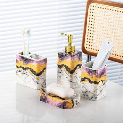 4 Piece Bathroom Accessories Set - Purple Bathroom Accessory Sets Includes Lotion Dispenser, Toothbrush Holder Tumbler, and Soap Dish - Glossy Finish (Marble, Purple)