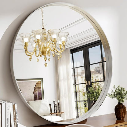 48 Inch Round Bathroom Mirror - Wall Mounted Circle Mirror with Metal Frame, Modern Mirror Suitable for Bathroom, Vanity, Entryway, Living Room, Wall Decor,Silver