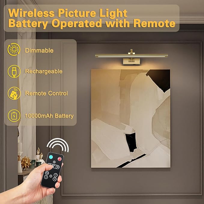 Wireless Picture Lights with Remote and Timer Rechargeable Brass Gallery Lighting Battery Operated Art Lights Over Frame Portrait 5W 24'' Inch Warm White