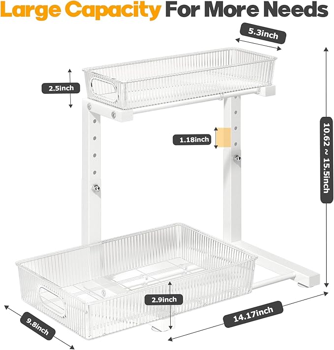 2 Pack Under Sink Organizer, 2-Tier Pull Out Cabinet Organizer, Elegant Acrylic Under Sink Storage Shelf for Kitchen Bathroom Cabinet, L-Shaped Adjustable Height for Maximum Space Efficiency-White