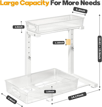 2 Pack Under Sink Organizer, 2-Tier Pull Out Cabinet Organizer, Elegant Acrylic Under Sink Storage Shelf for Kitchen Bathroom Cabinet, L-Shaped Adjustable Height for Maximum Space Efficiency-White
