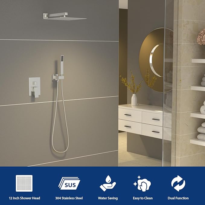 Sarlai Shower System Bathroom Shower Faucet Square Rainfall Shower Head and Handle Combo Wall Mounted Shower Faucet with Valve 12 Inch Shower Head Trim Systems Brushed Nickel