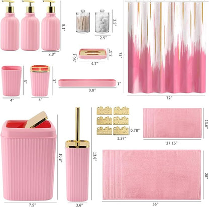 20PC Bathroom Accessory Set Pink Bathroom Accessories Bathroom Set, Shower Curtain Set, 2 Piece Bath Towel Set, 3PC Soap Dispenser, Toilet Brush & Trash Can