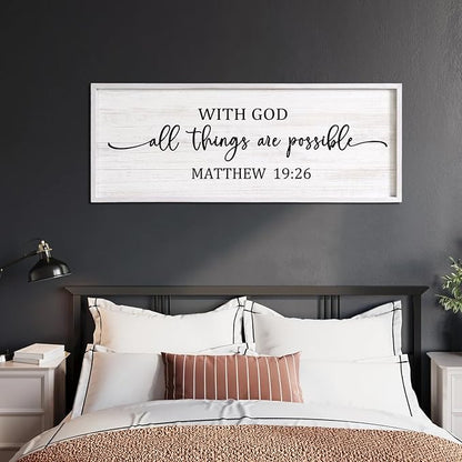 With God All Things are Possible Framed Wall Art, 40''×15'' Vintage Holy Religious Rustic Bible Verse for Christian God Jesus Christ Prayer, Positive Horizontal Inspirational Catholic Scripture Decor