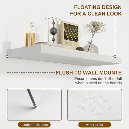 72 Inch Floating Shelves for Wall, 8 Inch Deep Floating Shelf, Large Shelves with Invisible Bracket for Books|Storage, Rustic Wood Wall Shelf for Bedroom, Kitchen, Living Room, White