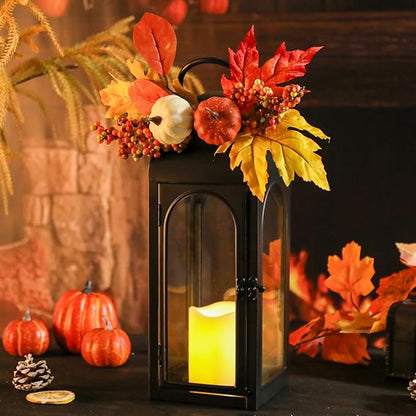 Bdor 2 Pack Fall Lanterns Decor with LED Candle – 16 Inch Harvest Pumpkin Maple Leaf Hanging Lantern for Autumn Thanksgiving Table Centerpiece Indoor Outdoor Decoration, Battery Operated