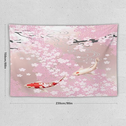 Houselerax Japanese Koi Fish Tapestry, Cherry Blossoms Asian Oriental Pink Flower Branch Koi Fish Carp Tapestries Wall Hanging for Bedroom Living Room Office Decor 90"x60"