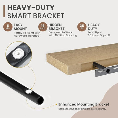 30 Inch Floating Shelves, 8 Inch Deep Floating Shelves for Wall, Hanging Shelf with Invisible Brackets, Deep Shelves for Bathroom, Bedroom, Living Room, Oak, Set of 2