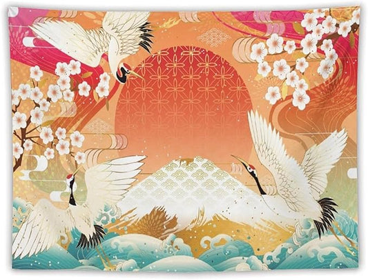HZOHNAGO Japanese Tapestry Cherry Blossom Crane Sea Wave Fuji Mountain Red Sun Pattern Printed Wall Tapestry Painting Wall Hanging for Bedroom Living Room Dorm 80" W x 60" H