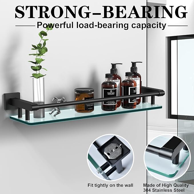 Bathroom Glass Shelf 20IN Rectangular Stainless Steel Tempered Glass Shelves Modern Stainless Steel Wall Mount Bathroom Shelf (Matte Black, 20‘’)