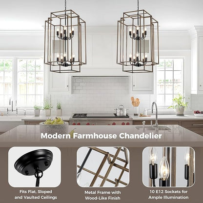 30" Black Farmhouse Chandelier, 10-Light Foyer Lighting Fixtures, Lantern Tiered Pendant Light Fixtures, Metal Wood Grain Finish Rustic High Ceiling Chandelier for Dining Room Entryway Staircase