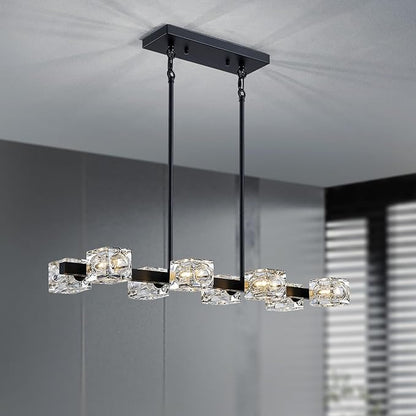 XINGQI Modern Chandeliers for Dining Room Over Table, 8-Light Rectangular Kitchen Island Light Fixture, Linear Farmhouse Metal Glass Black Vintage Hanging Lamp for Living Room Bar
