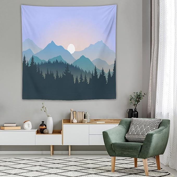 HZOHNAGO Mountain Tapestry Forest Mountain Sunrise Pattern Printed Wall Tapestry Wall Hanging for Bedroom Living Room Dorm 60" W x 60" H