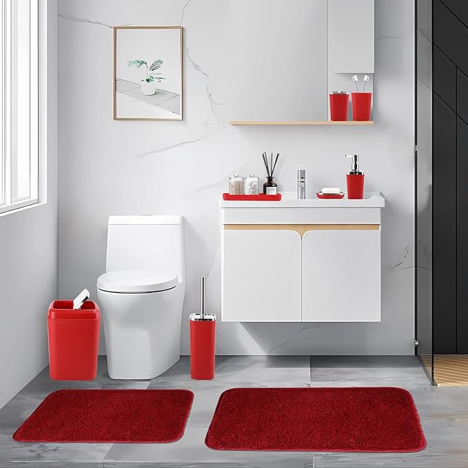 Burgundy Bathroom Accessories Set with Shower Curtain and Rugs, Dark Red Bathroom Accessories with Trash Can,Toothbrush Holder and Cup,Soap Dispenser,Tray,Soap Dish,Toilet Brush,Qtip Holders