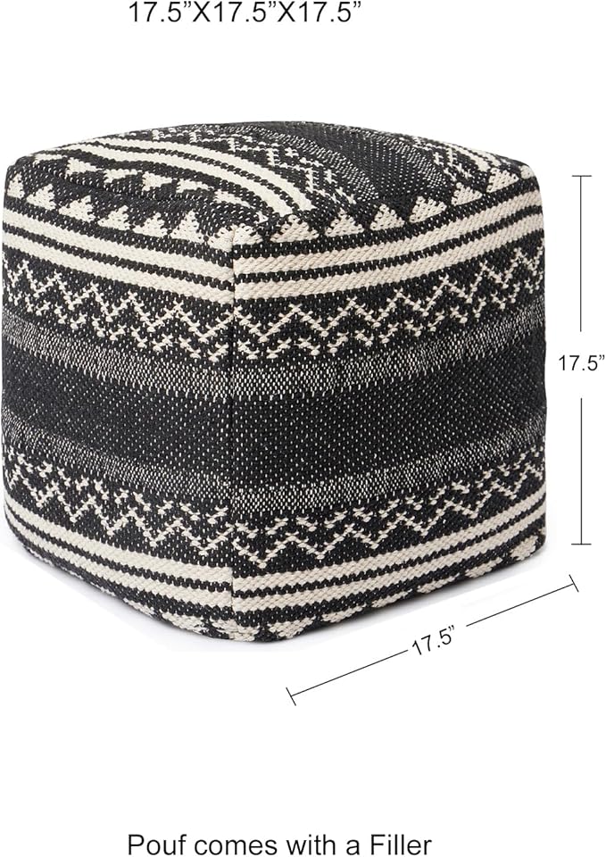 REDEARTH · Tufted Pouf Ottoman with Filler Textured Storage Cube Bean Bag Pouffe Footrest for Living Room, Bedroom, Nursery, Kidsroom; 100% Cotton (17.5"X17.5"X17.5", Ziggurat Obsession Black)