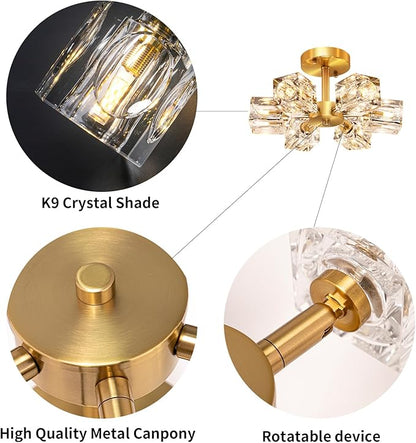 Semi Flush Mount Ceiling Light Fixture Modern 6 Lights Gold Crystal Chandelier,Brushed Nickel Sputnik Chandeliers for Hallway Entryway Bedroom Dining Room Farmhouse Kitchen Office