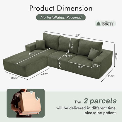 Boneless Sectional Cloud Couch Sofa for Living Room, 112" L-Shaped Modular Modern Lounge Sleeper Green Couches with Chaise, No Assemble, Cordury Compression Upholstered Sofas