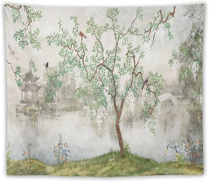HZOHNAGO Japanese Tapestry Tree Misty Garden Lake Printed Wall Tapestry Ink Painting Wall Hanging for Bedroom Living Room Dorm 60" W x 50" H