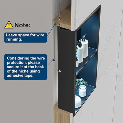 Stainless Steel Shower Niche 12" X 24", No Tile Needed Wall Niche with RGB Led Light, Recessed Shower Shelf for Bathroom Storage Over Mount Installation, Matte Black