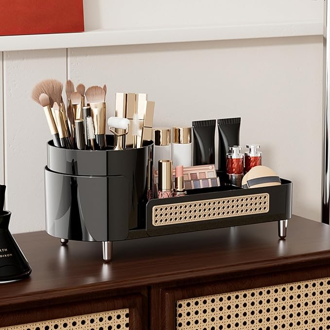 Rotating Makeup Organizer Countertop,Large Capacity Makeup Organizers for Vanity,2 in 1 makeup storage organizer for Bathrooms,Cosmetic Display Case (Black)