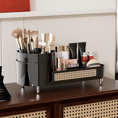 Rotating Makeup Organizer Countertop,Large Capacity Makeup Organizers for Vanity,2 in 1 makeup storage organizer for Bathrooms,Cosmetic Display Case (Black)