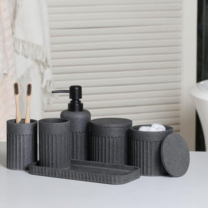 Bathroom Accessory Set - 6 Pieces Bathroom Accessories Set Complete with Soap Dispenser, Toothbrush Holders, Tumbler, Vanity Tray and 2 Qtip Holder for Home Organizer and Decor, Dark Grey