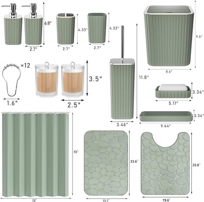 Bathroom Accessories Set - 25PC Sage Bathroom Set, Bathroom Set with Shower Curtain and Rugs, Sage Green Shower Curtain Set, Bathroom Accessory Set, Trash Can & Soap Dispenser