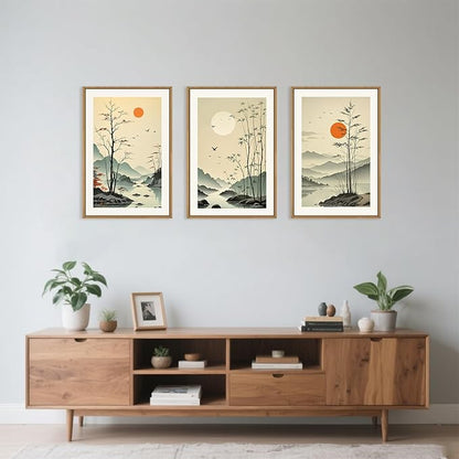 Chinoiserie Bamboo Forest Framed Canvas Wall Art Set, Nature Tree Lakes Wall Decor, Minimalist Zen Landscape Wall Painting, Watercolor Art Prints for Living Room, Bedroom, Office 16"X24"X3