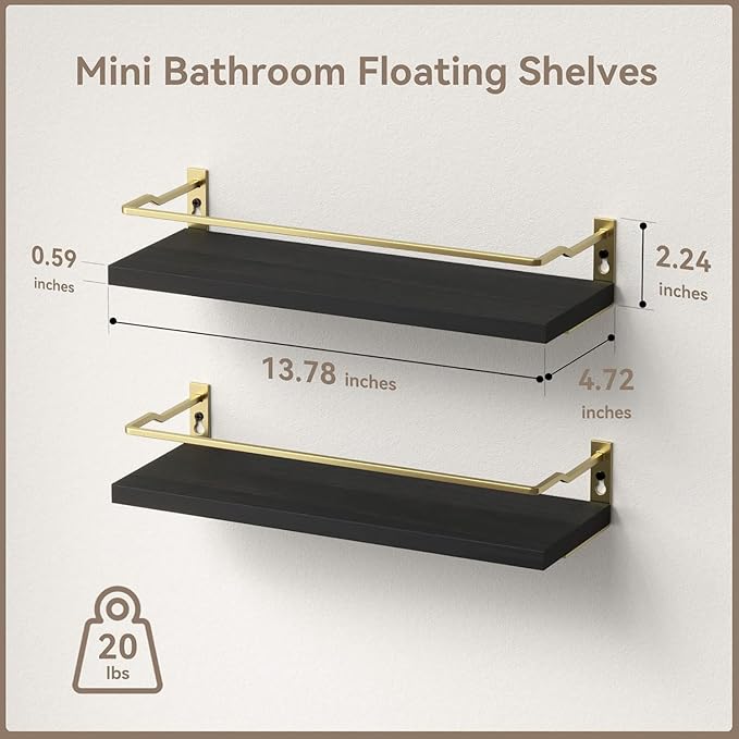 RICHER HOUSE Bathroom Floating Wall Shelf Set of 2 - Guard-Rail Small Wood Shelves for Decor, Over Toilet Storage, Kitchen Organizer - Black Gold