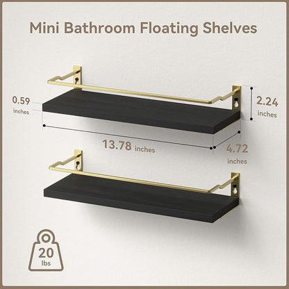 RICHER HOUSE Bathroom Floating Wall Shelf Set of 2 - Guard-Rail Small Wood Shelves for Decor, Over Toilet Storage, Kitchen Organizer - Black Gold