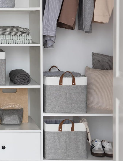 StorageWorks Storage Bins, Fabric Storage Bins for Shelves, Large Storage Baskets with Metal Frame, Closet Baskets and Bins with Handles, Gray and White, 2-Pack