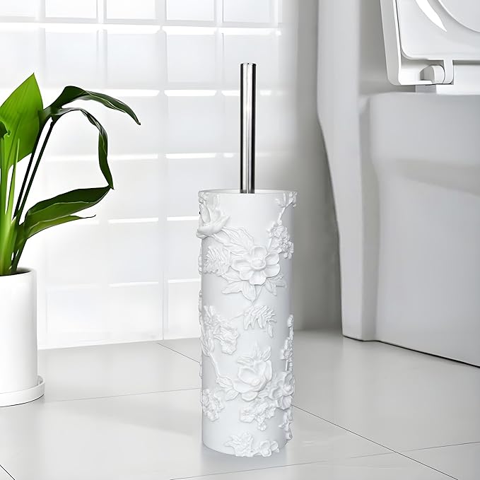 White Floral Branches Design Resin Toilet Bowl Brush and Holder Set, Elegant Bathroom Cleaning Tool with Durable Bristles, Compact and Functional