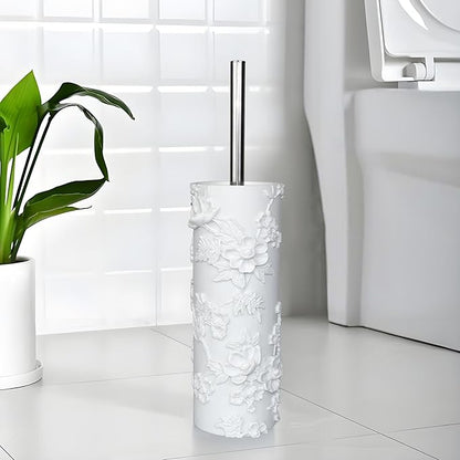 White Floral Branches Design Resin Toilet Bowl Brush and Holder Set, Elegant Bathroom Cleaning Tool with Durable Bristles, Compact and Functional