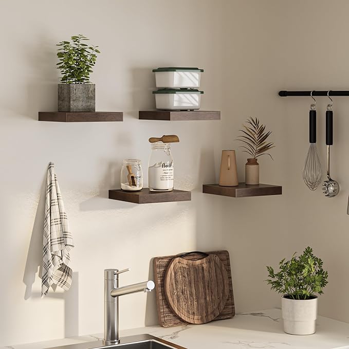 Square Floating Shelves for Wall, 10" W x 10" D x 1.2" H, Small Wooden Wall Mounted Display Shelves with Invisible Brackets for Living Room, Bedroom, Bathroom, Kitchen Decor, Set of 4, Walnut