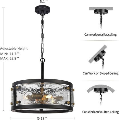 13" Industrial Drum Glass Chandelier, 3-Light Rustic Hanging Pendant Lights, Metal Round Lighting Fixture for Dining Room Foyer Entryway Hallway Bedroom, Clear Waterglass Drum Shade
