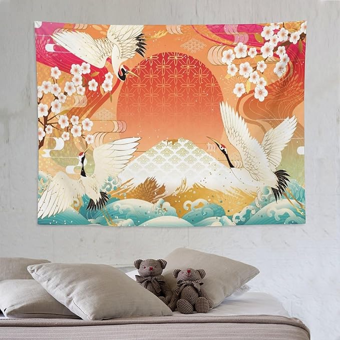 HZOHNAGO Japanese Tapestry Cherry Blossom Crane Sea Wave Fuji Mountain Red Sun Pattern Printed Wall Tapestry Painting Wall Hanging for Bedroom Living Room Dorm 80" W x 60" H