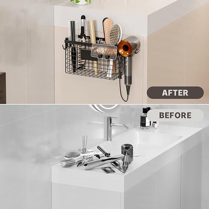 2 Pack Hair Tool Organizer,Adhesive Hair Dryer Holder Cabinet Door/Wall Mounted Adjustable Height Blow Dryer Holder Under Sink Bathroom Hair Appliance Organizer and Storage Countertop(Black)