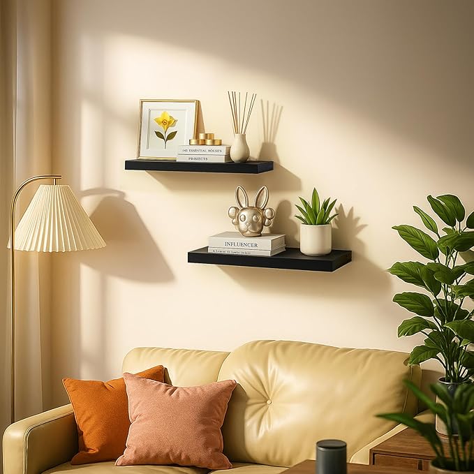 Solid Walnut Floating Shelves for Wall, 16"*6.7"*1.6"Real Thick Wood Mounted Wall Display Shelf with Joinery for Home Decor, Bathroom,Kitchen（ Black Stain）