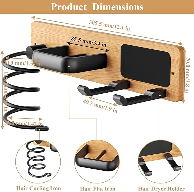 Tindbea Hair Dryer Holder Curling Iron Holder Flat Iron, Blow Dryer Holder Wall Mount, 3 in 1 Bathroom Hair Tool Organizer Rack for Universal Dryer, Cherry Matte Black