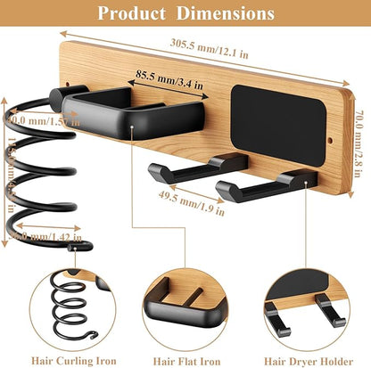 Tindbea Hair Dryer Holder Curling Iron Holder Flat Iron, Blow Dryer Holder Wall Mount, 3 in 1 Bathroom Hair Tool Organizer Rack for Universal Dryer, Cherry Matte Black