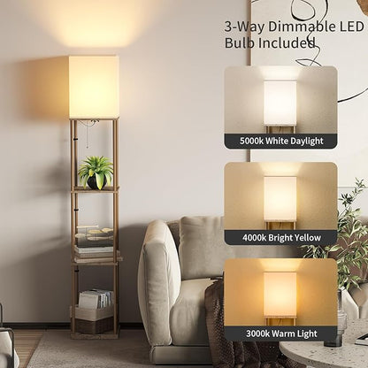 SUNMORY Floor Lamp with Shelves, Modern Square Shelf Lamps, Display Shelf Standing Lamp with 3 Color Temperature Bulb, Corner Bookshelf Lamps for Living Room and Bedroom Office, Home Decor
