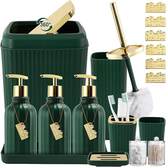 17PCS Bathroom Accessory Set Bathroom Set Hunter Green Bathroom Accessories,Toilet Brush, Trash Can, Qtip Holder Dispenser& 3PCS Soap Dispenser