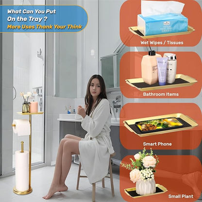 Toilet Paper Holder Stand for Bathroom Floor Freestanding Toilet Roll Dispenser Storages 4 Reserve Rolls, with Top Storage Shelf for Cell Phone (Brushed Gold)