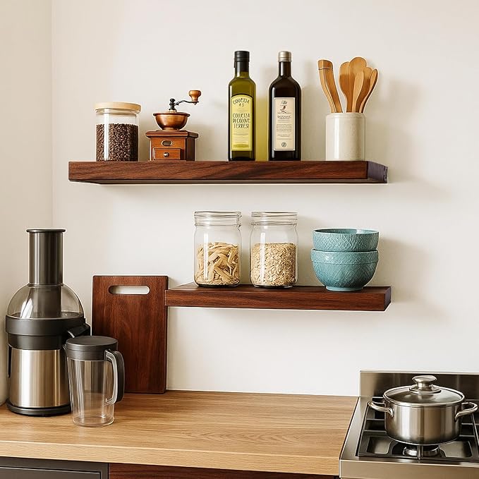 Solid Walnut Floating Shelves for Wall, 16"*6.7"*1.6"Real Thick Wood Mounted Wall Display Shelf with Joinery for Home Decor, Bathroom,Kitchen（Natural Walnut Brown）