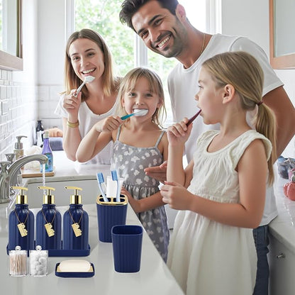 32PC Bathroom Sets with Shower Curtain and Rugs-Navy Blue Bathroom Accessories,Non Slip Bathroom Rugs Set with Toilet Lid Cover, Waterproof Shower Curtain, 3PC Soap Dispenser with Trash Can