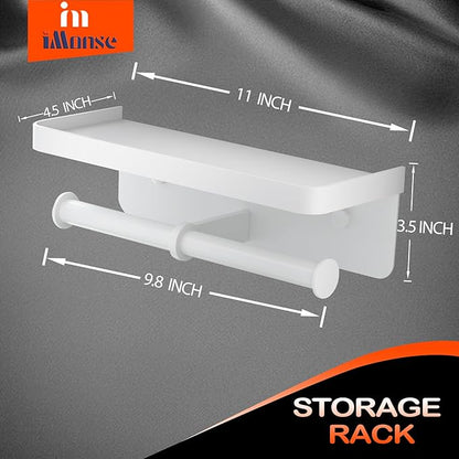 Double Toilet Paper Holder with Shelf, iMonse Paper Towel Holder Wall Mount,Tissue Roll Holder for Bathroom Kitchen RV, Double Tissue Roll Rack with Adhesive & Screw (White)