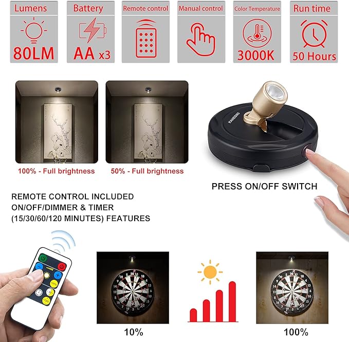 Spotlight Battery Operated, Wireless LED Puck Light, Dimmable Accent Spot Light for Plant Tree Indoor, Stick Uplighting for Display Photo Dartboard Painting Artwork Gallery Portrait, 2 Pack