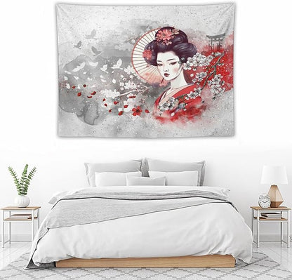 Japanese Geisha Tapestry Asian Red Cherry Blossom Traditional Kimono Folk Tapestries Home Decor for Living Room Bedroom Apartment Farmhouse Dorm 40"x30"