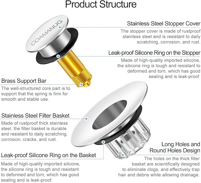 Bathtub Stopper | Shower Drain Hair Catcher, Pop-up Tub Stopper with Strainer | Pop-up bathtub drain plug | Drai Protector for 1-1/2 to 1-3/4" Bath Drain Hole